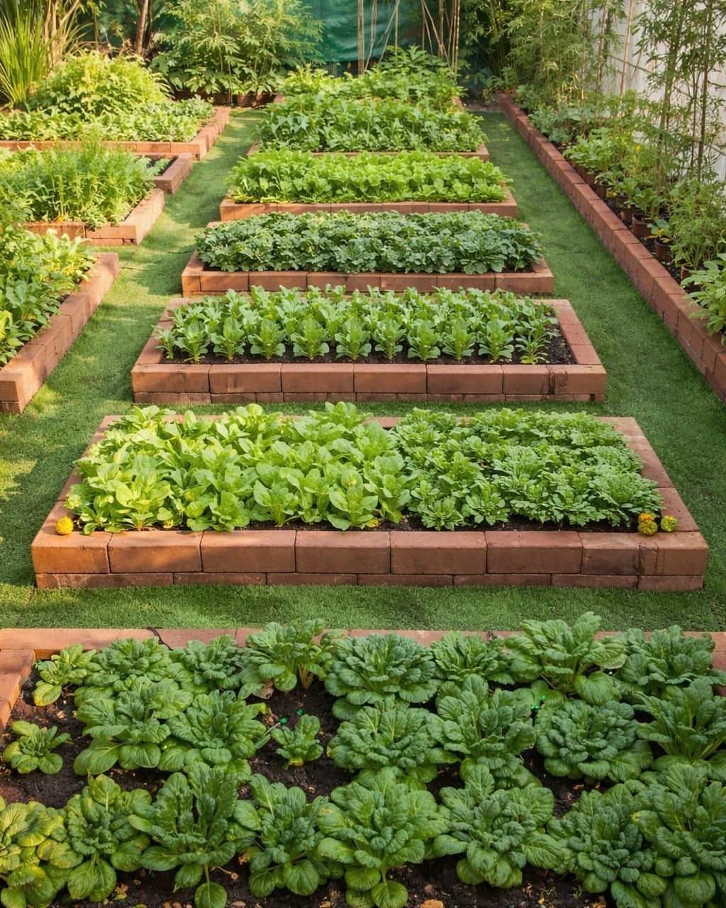 Raised brick garden beds filled with green leafy vegetables on a grass lawn.