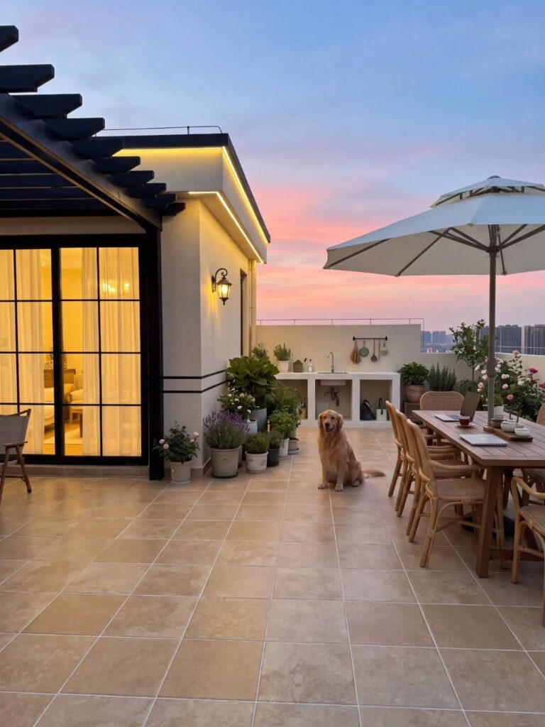 Rooftop patio with tan tiles, wooden dining set, white umbrella, and a golden retriever.