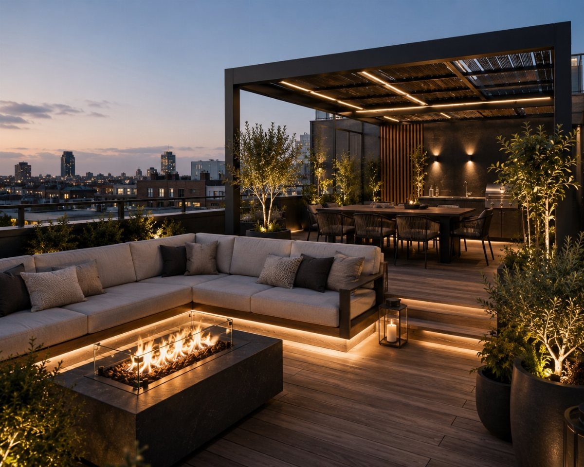 Modern rooftop terrace lounge with a large sectional sofa, fire pit, and pergola.