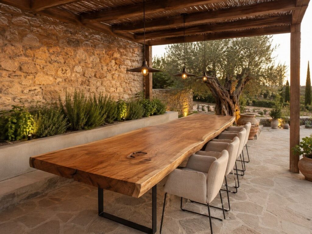 Rustic live-edge wood outdoor dining table with beige chairs under a wooden pergola.