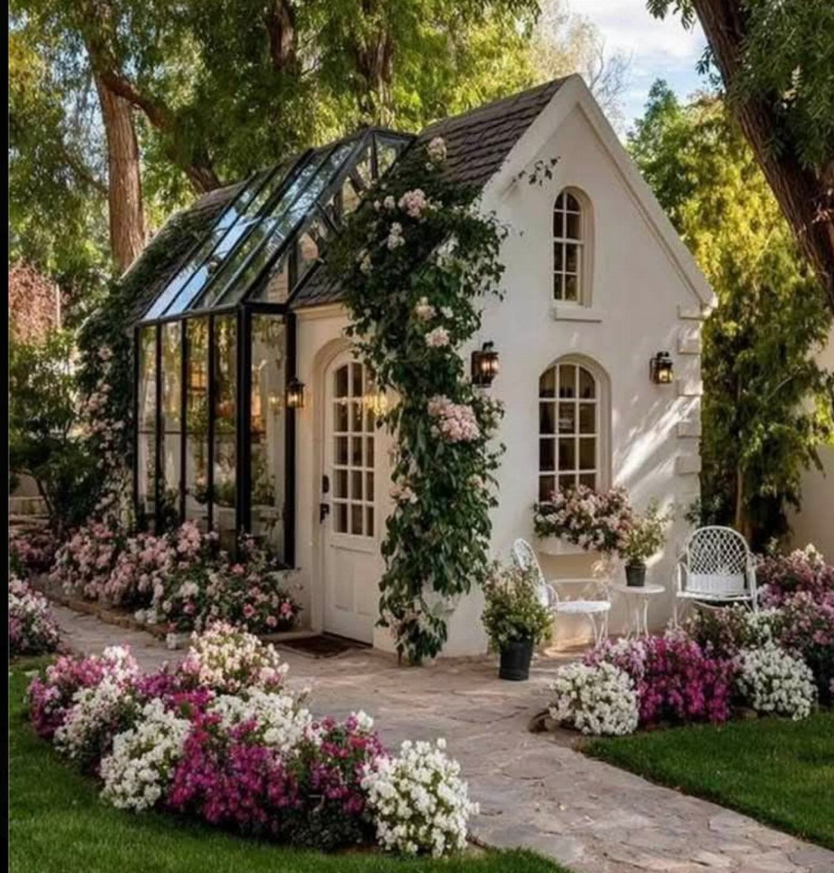 Small white cottage with an attached glass greenhouse surrounded by colorful blooming flowers.