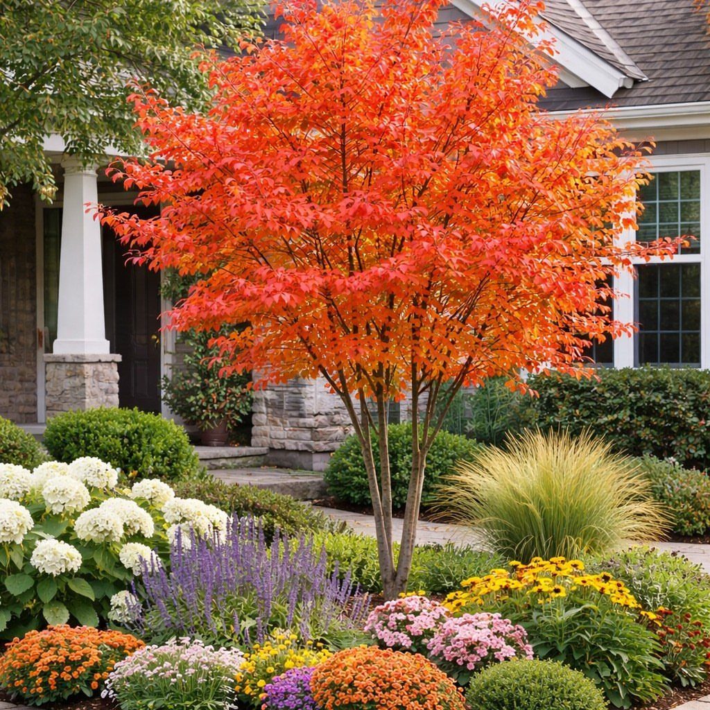Small orange maple tree in a colorful landscaped front yard with various flowers.