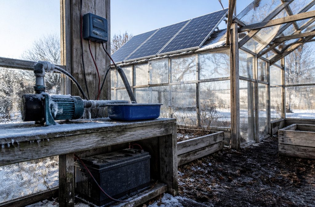 Greenhouse beside a ground-mounted solar panel array under open sky