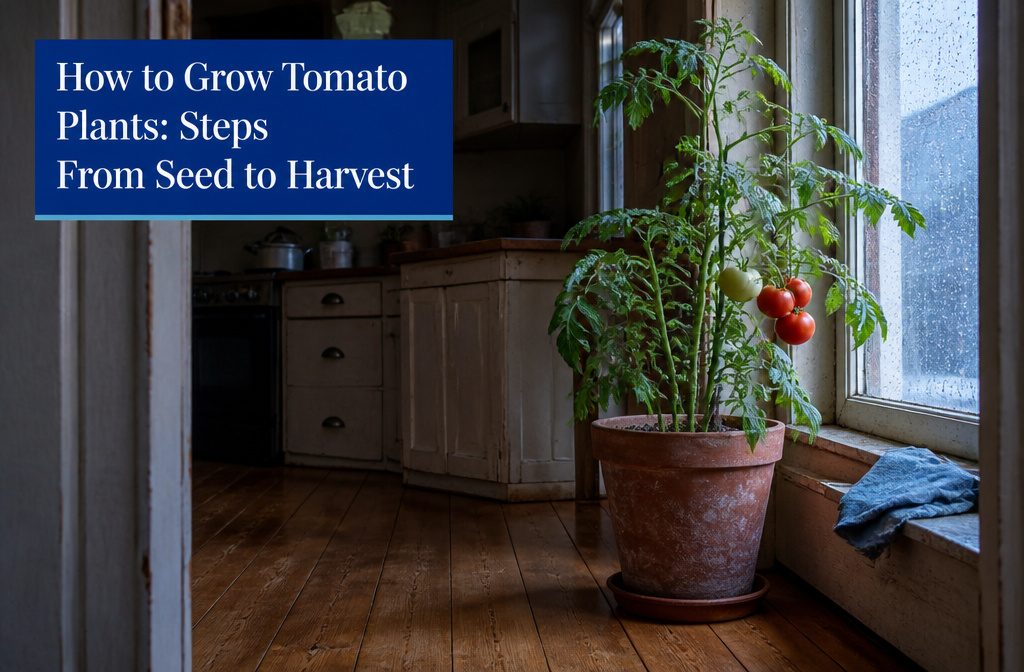 Tomato plants with green leaves and developing fruit in a garden