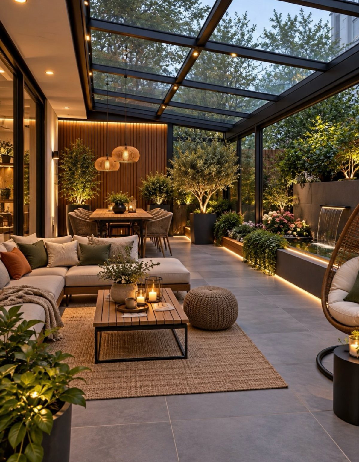 Modern glass-enclosed winter garden with cozy seating, dining area, and lush indoor plants.